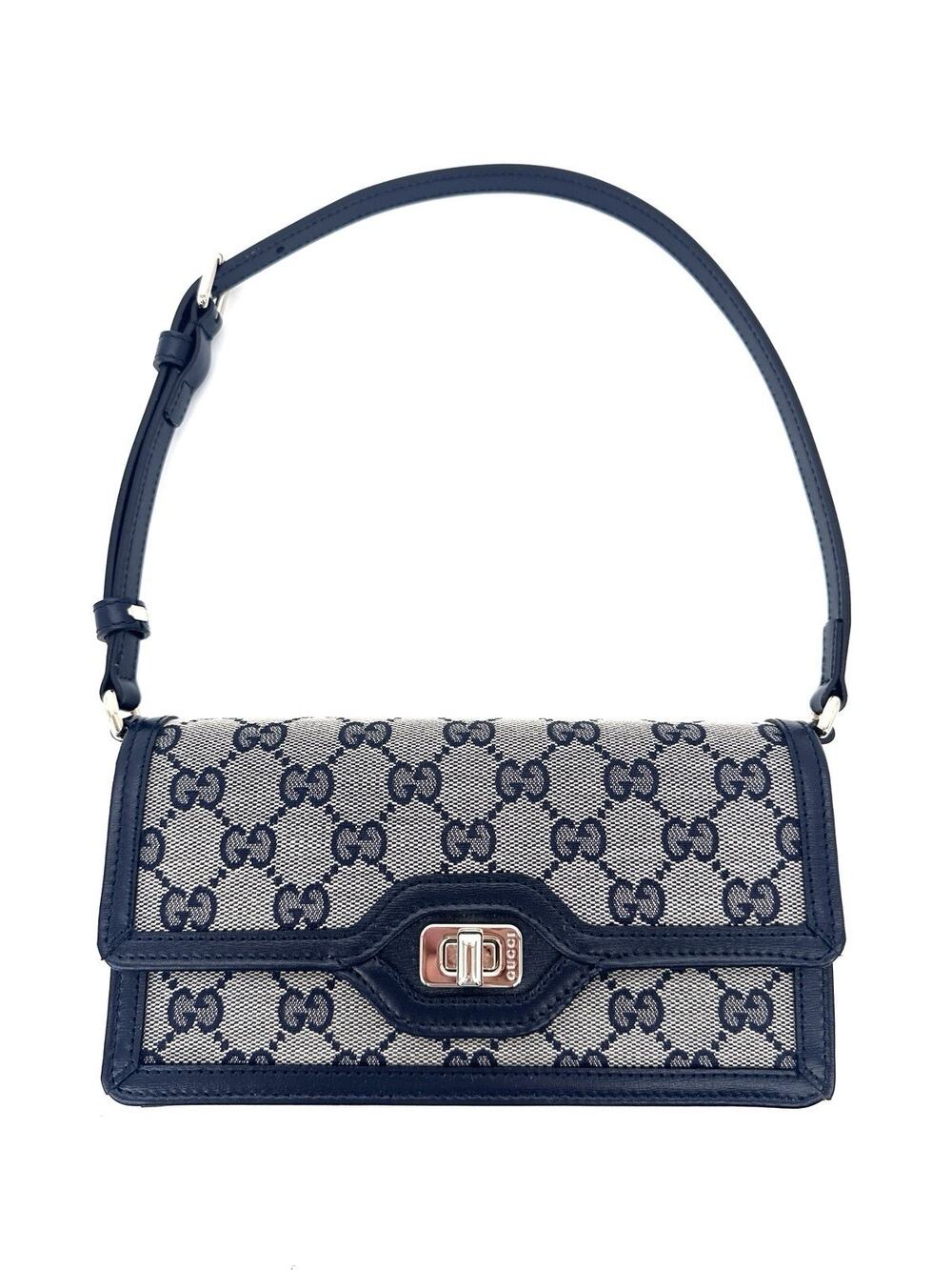 NIB Gucci Luce Mini GG Canvas Gray Shoulder Bag Navy Blue Leather Trim